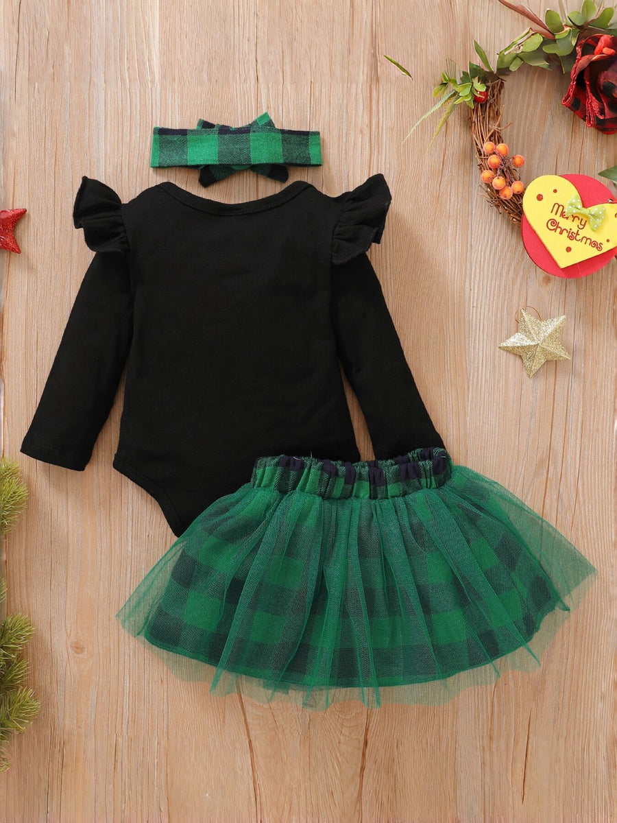 bodysuit in forest green with plaid and ruffled
