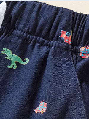 Navy toddler shorts with dinosaur and vehicle print, elastic waistband