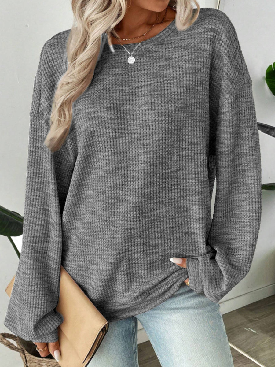 Space-Dyed Long Sleeve Waffle-Knit Top in Grey with waffle-knit