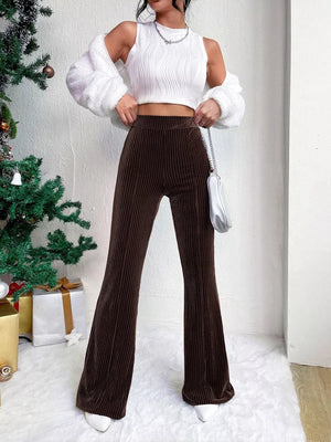 Dark Brown corduroy high-waist flare maternity pants with a bell-bottom cut.