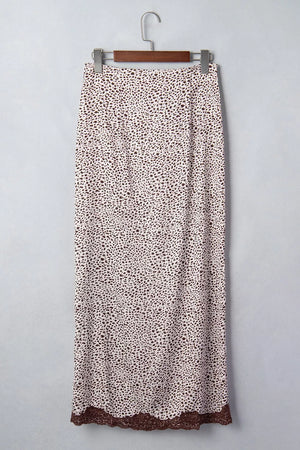 maxi skirt in dark brown with leopard-print and lace detail