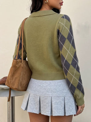 pullover sweater in charcoal gray with argyle and buttoned