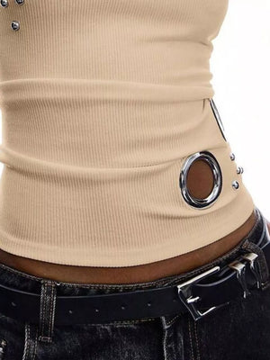 Ribbed Tank Top With Metal Grommet Cutouts in Champagne