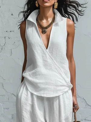White relaxed two-piece set with collared, deep v-neck