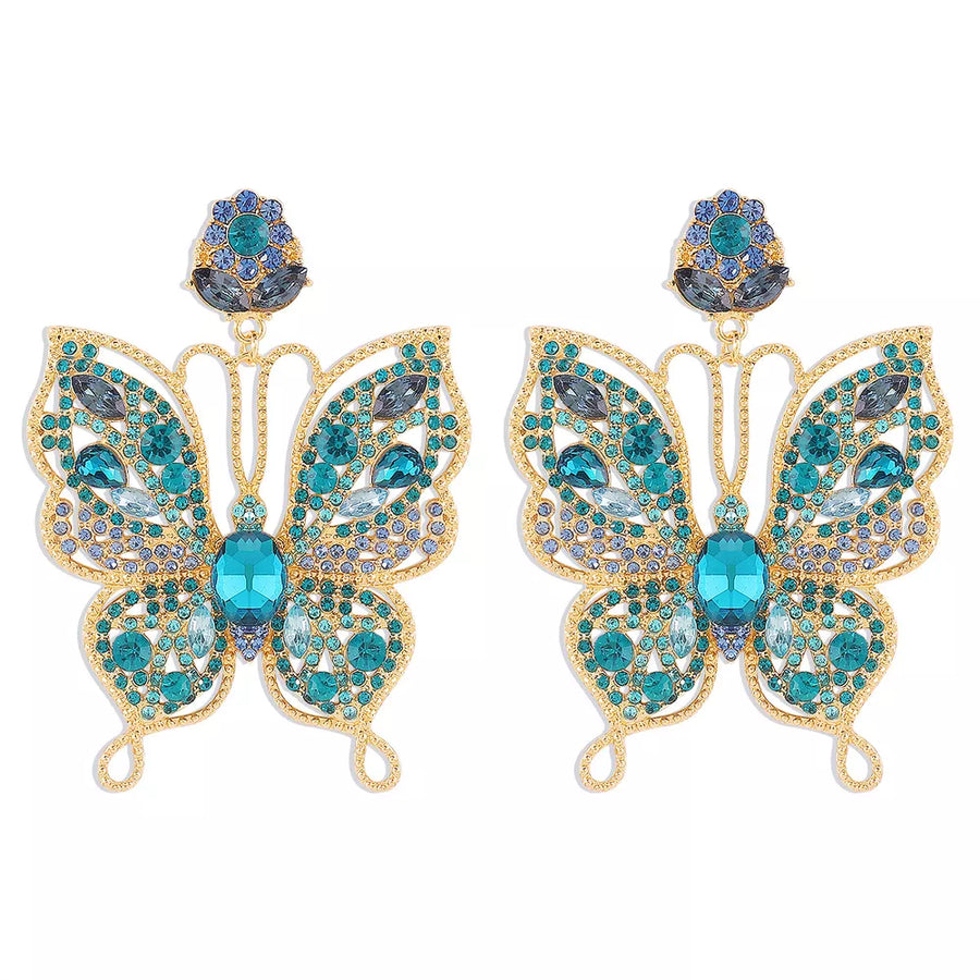 earrings in teal with butterfly and rhinestone embellishment