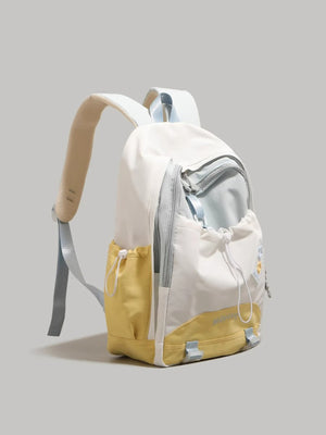 Nylon drawstring backpack with pockets in white and yellow, featuring adjustable straps and a casual design.