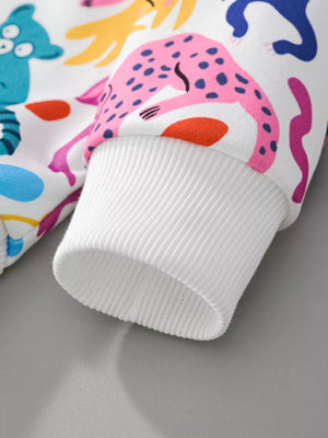 Kids multicolor animal print crew neck sweatshirt with white ribbed cuffs.