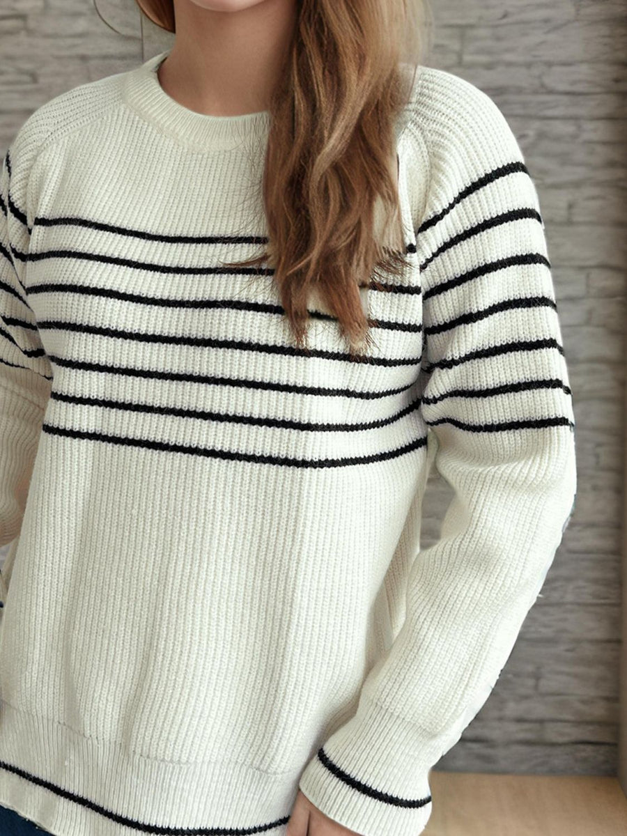 Breton stripe ribbed knit crewneck sweater in white with black stripes, acrylic.