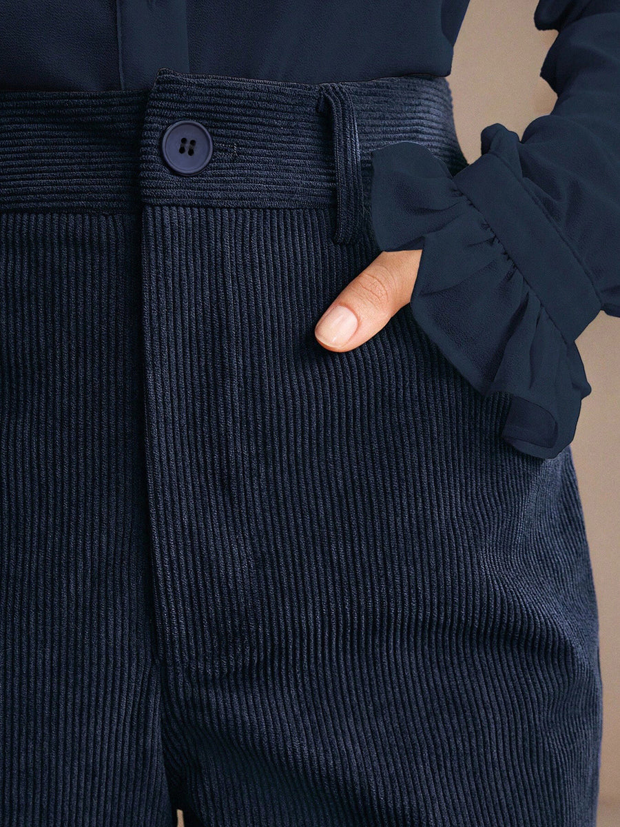 Navy Blue flare pants with full-length and zip-front