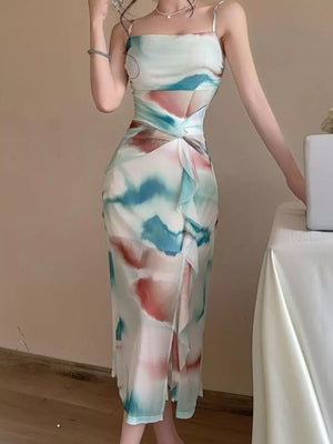Abstract Watercolor Ruched Midi Dress in Yellow