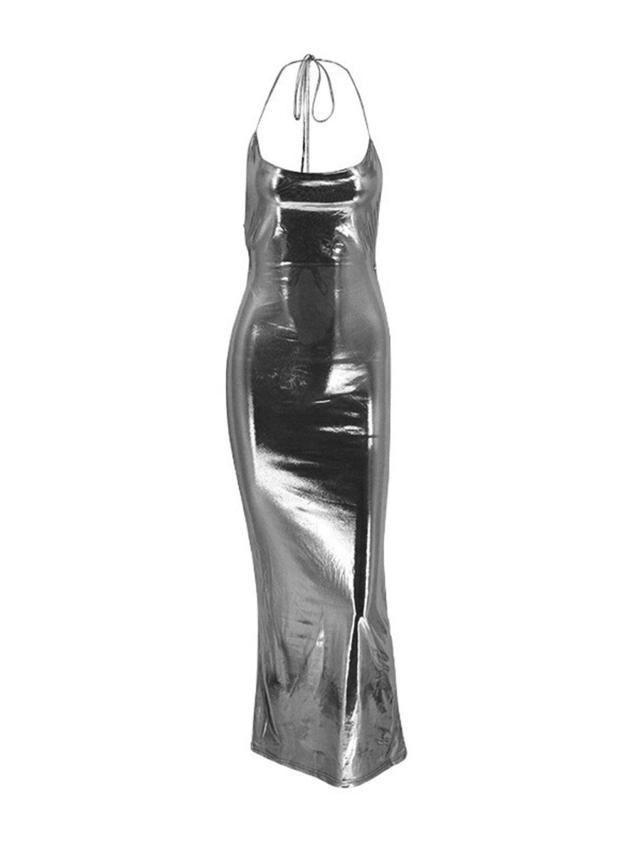 Silver backless ruched maxi dress with halter neck and thigh slit