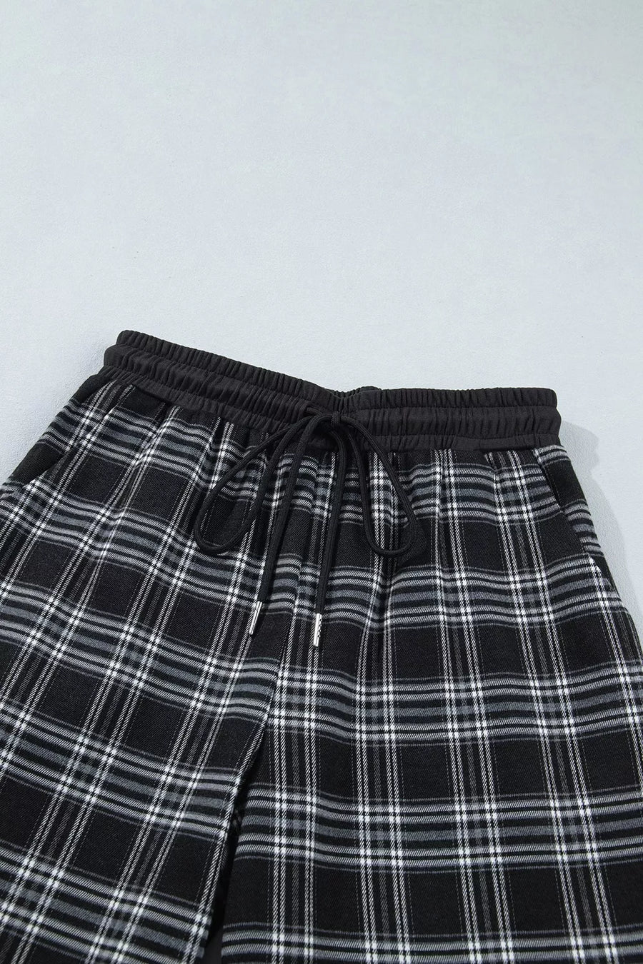 Plaid Wide-leg Drawstring Pants in black with drawstring waist