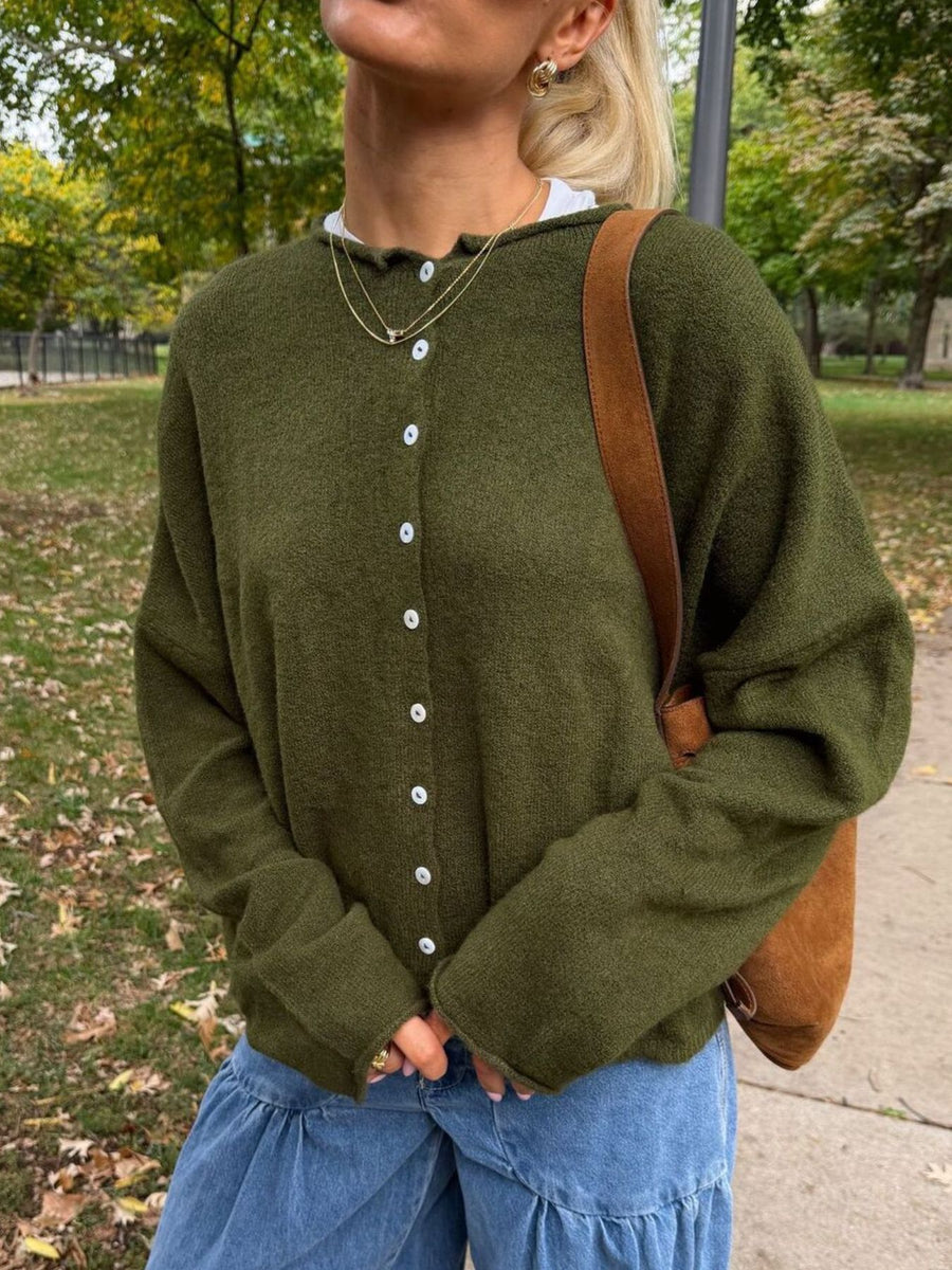Relaxed Button-Down Dropped Shoulder Cardigan in Light Coffee with buttoned