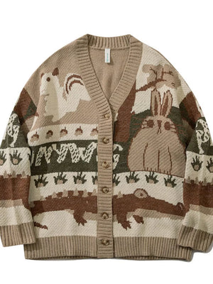 Khaki Men's Woodland Critter Knit Cardigan