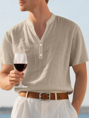 Khaki relaxed-fit band collar shirt with button detail, short sleeves.