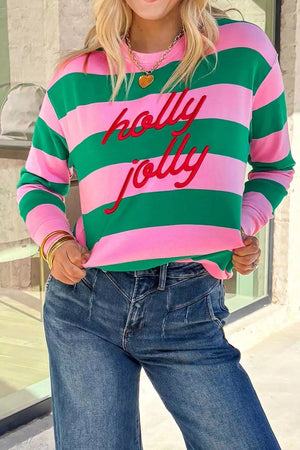 bright pink sweatshirt with striped and crew neck