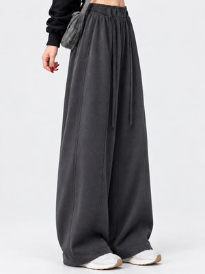 High-Waisted Drawstring Wide-Leg Casual Pants in Light Gray-Tall