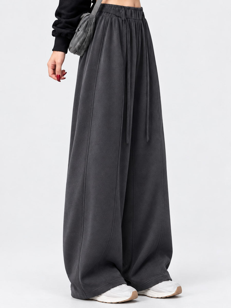 High-Waisted Drawstring Wide-Leg Casual Pants in Light Gray-Tall