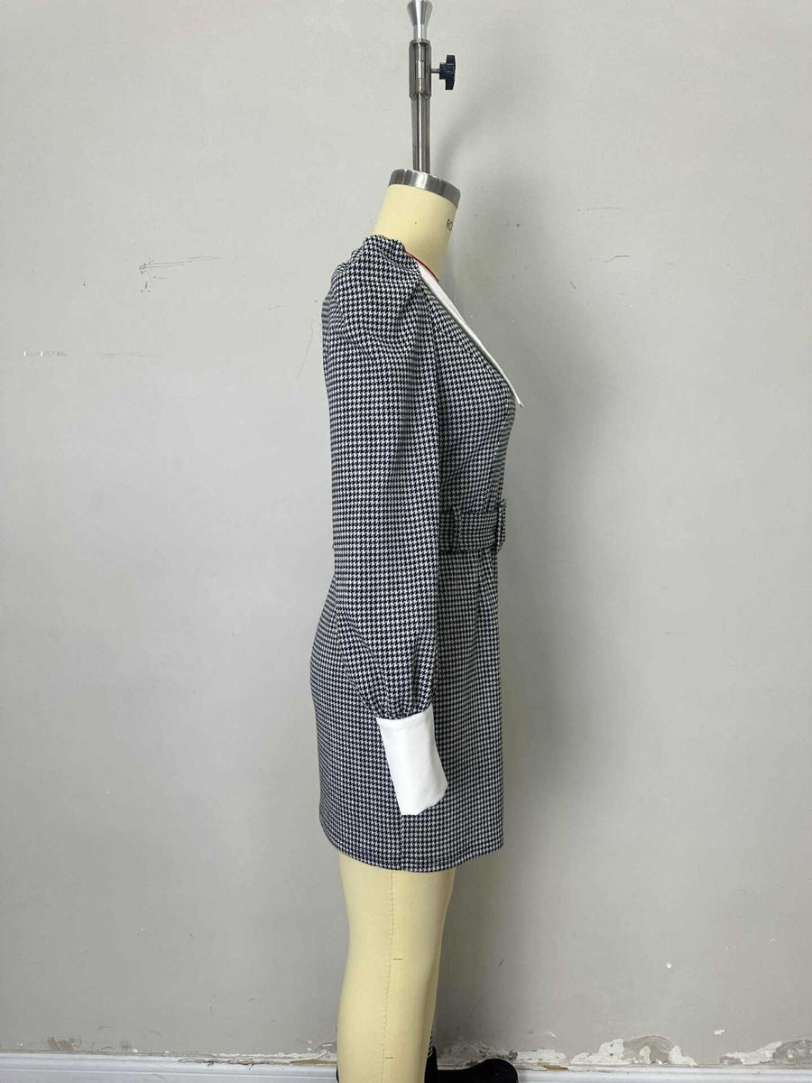 mini dress in Black with houndstooth and belted