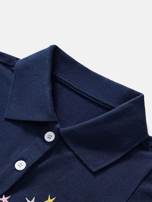 Navy blue polo shirt with embroidered stars and white buttons