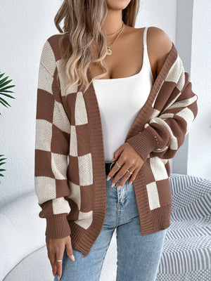 Taupe cardigan with hip-length and open-front