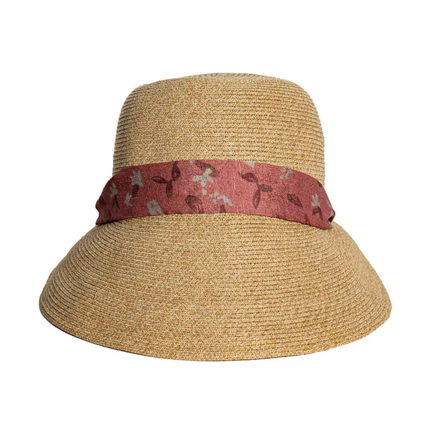 Straw sun hat in natural with a red floral ribbon band
