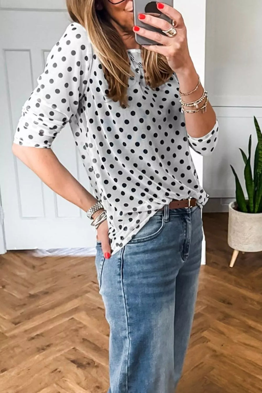 White with Polka Dot Sheer Mesh Long Sleeve Shift Top
