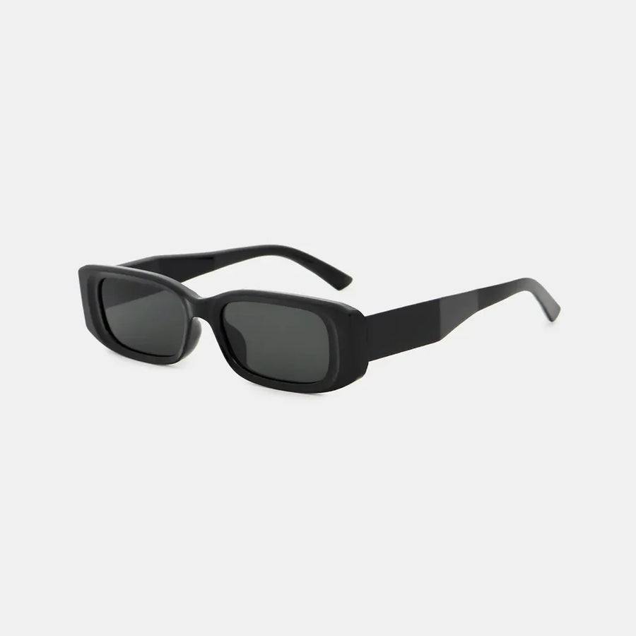 Chunky rectangular sunglasses in black with dark lenses and thick frames.