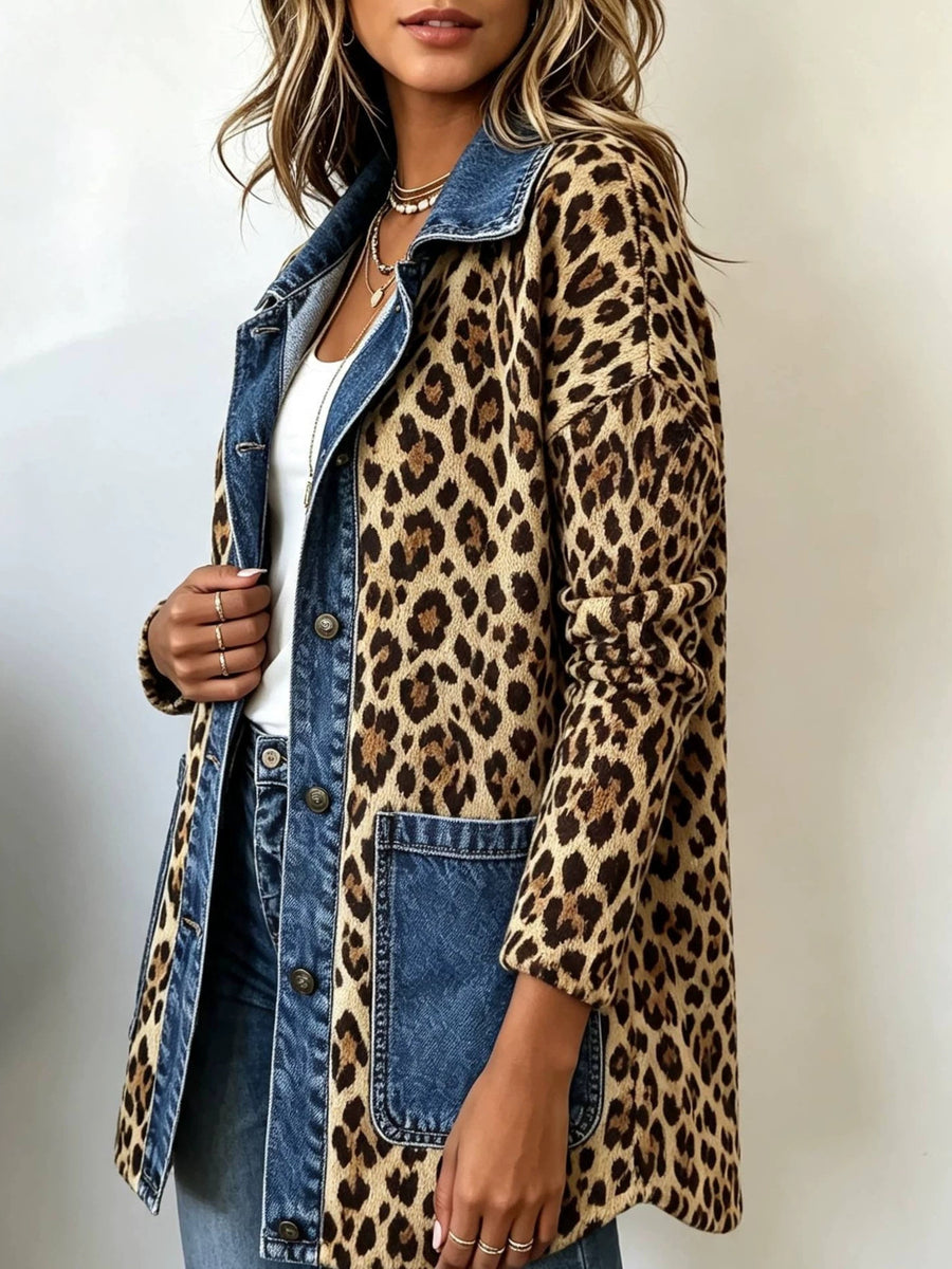 black jacket featuring buttoned and leopard-print