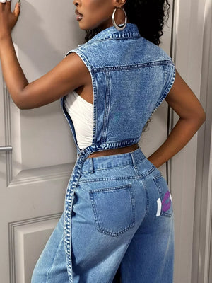 High-low Open Front Denim Vest in Dark Blue with buttoned