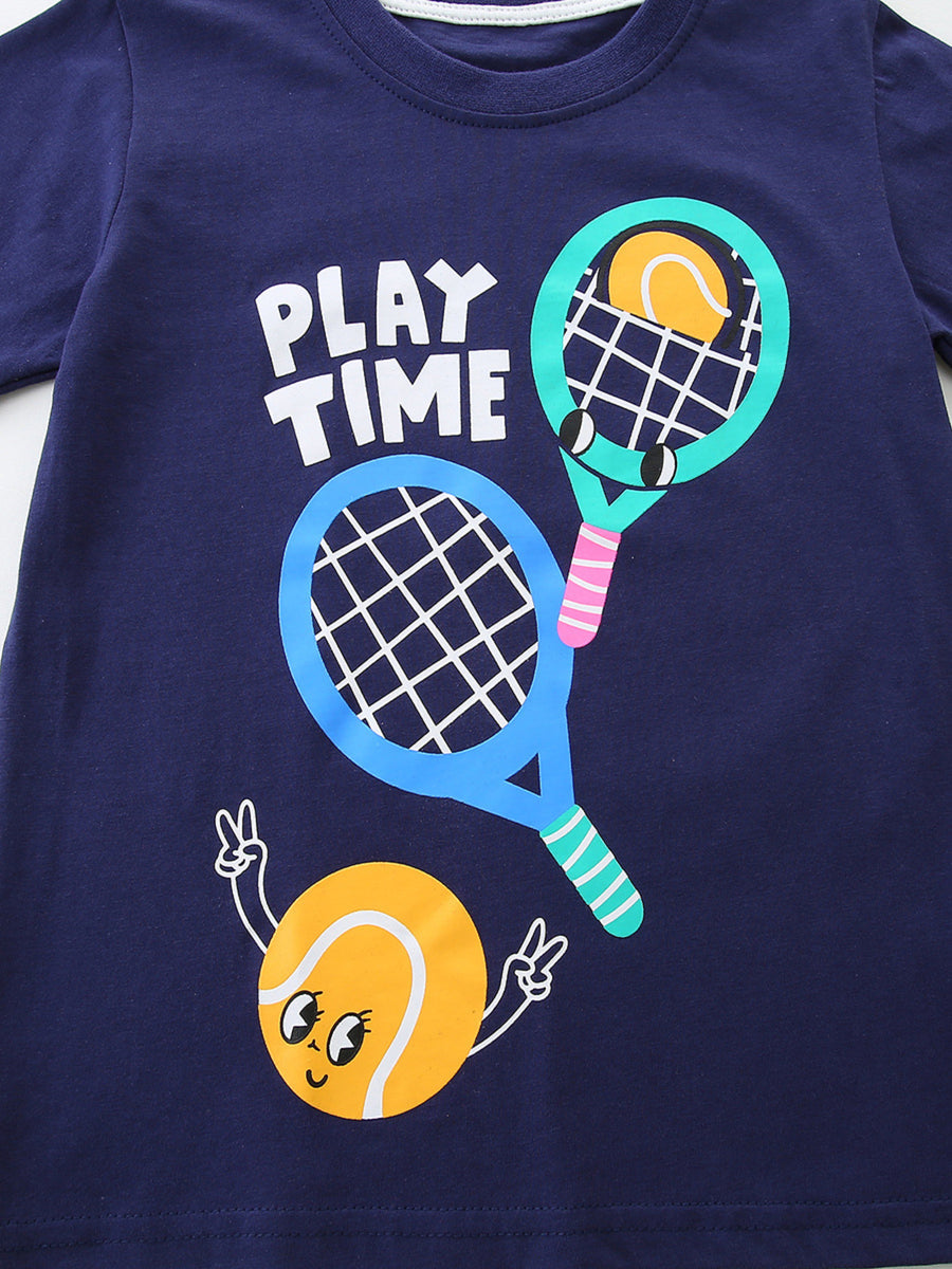 Navy cotton t-shirt with playful tennis graphic and "PLAY TIME" text.