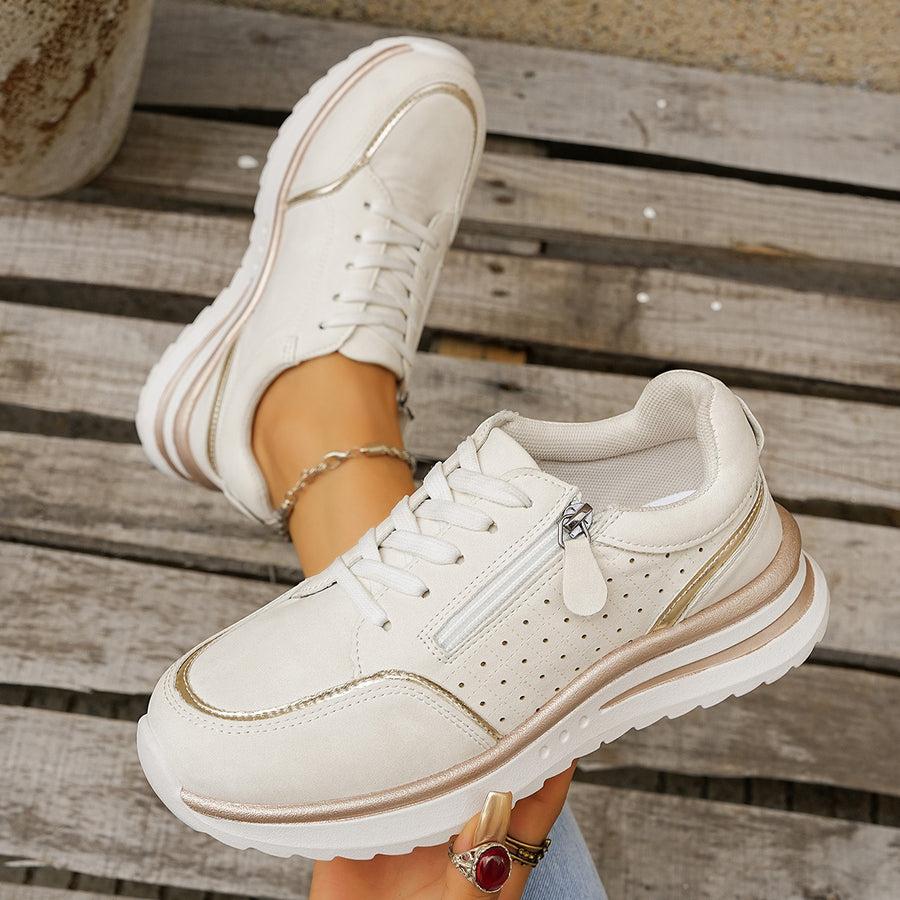 Fabric Chunky-Sole Round Toe Lace Up Sneakers in taupe with round toe