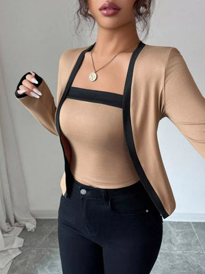 Khaki two-piece cardigan set with black trim and a square neck tank top.