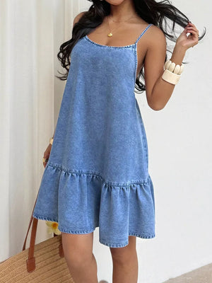 Blue Casual Spaghetti Strap Ruffle Hem Denim Dress
