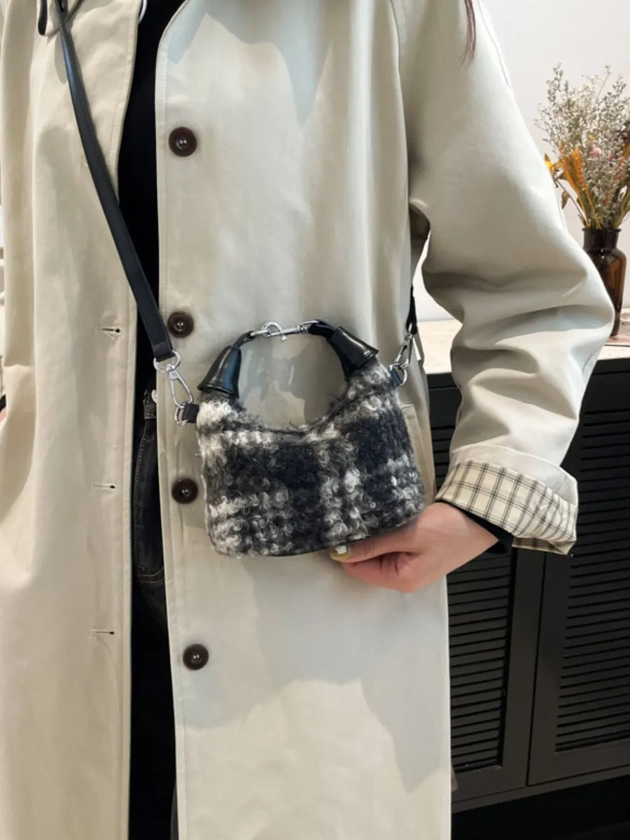Shearling check mini shoulder bag with black leather trim and chain detail.