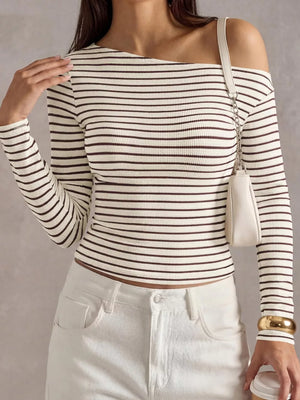 Striped Ribbed Long Sleeve T-shirt in Blue with ribbed