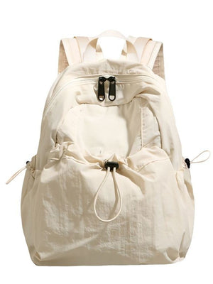 Off-white lightweight nylon backpack with drawstring closure and dual zippers.