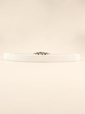 White faux leather belt with silver chain detail and buckle