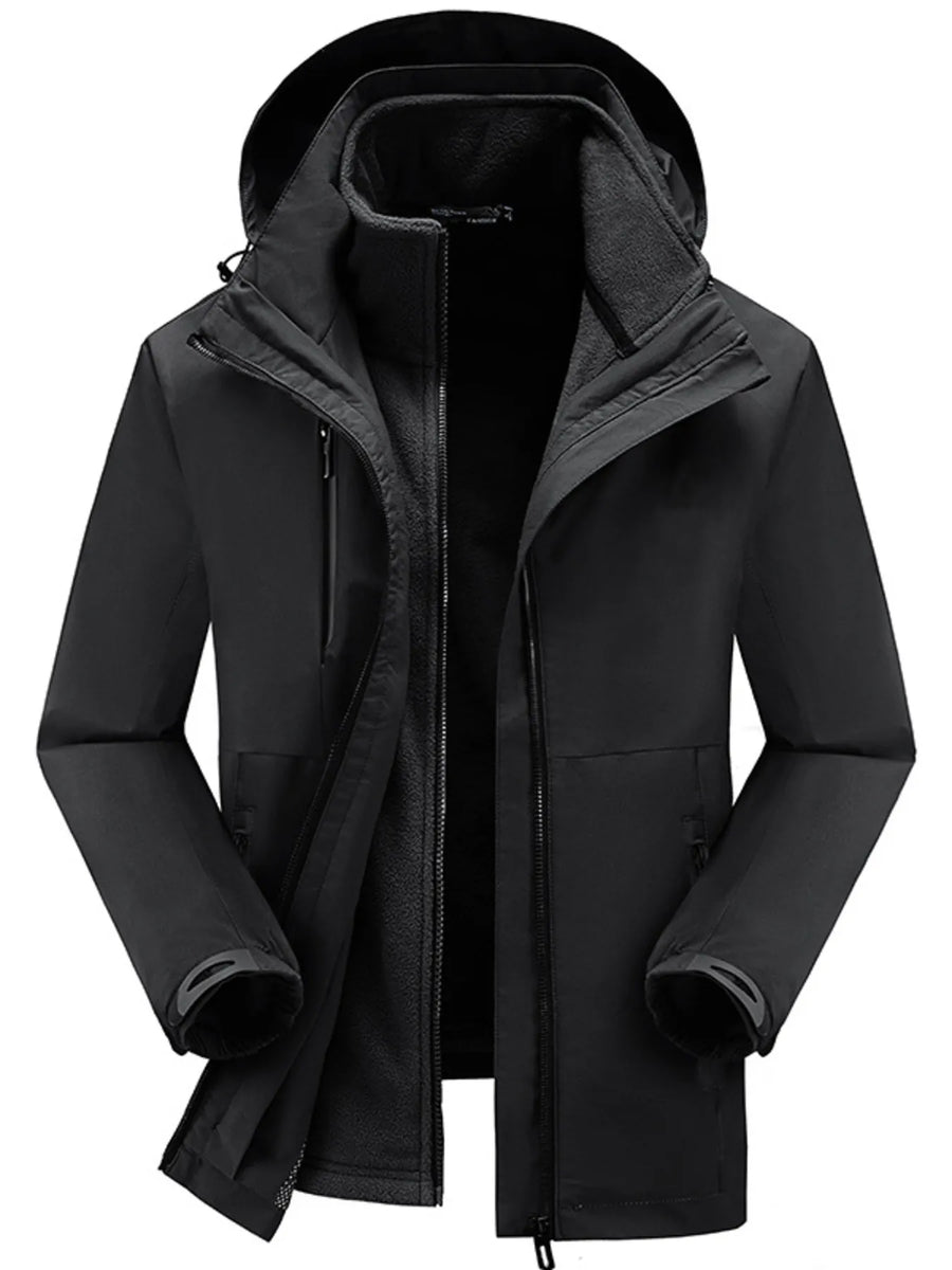 Black hooded zip jacket with fleece lining and zippered pockets