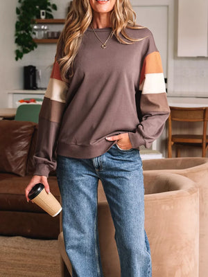 Coffee Brown Color Block Drop Shoulder Pullover Sweatshirt