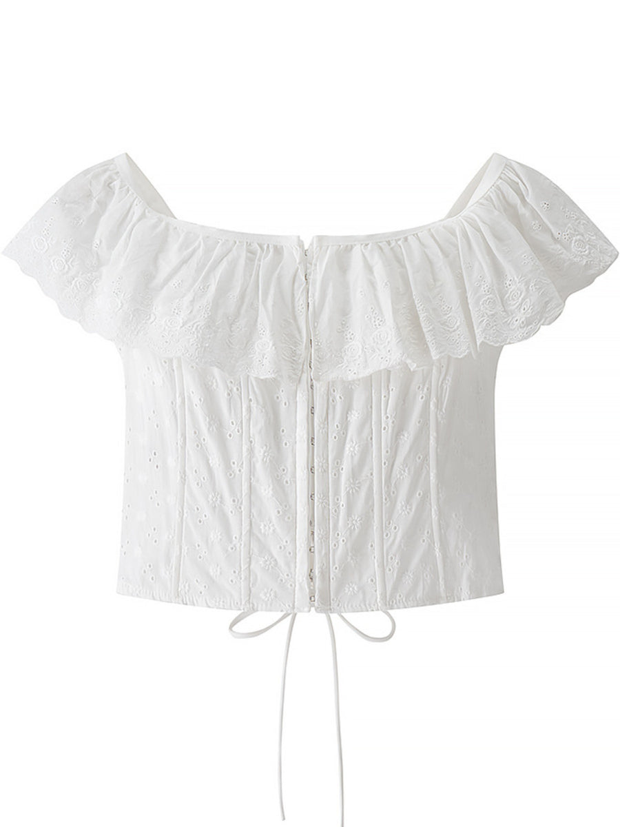 White eyelet corset tank top with off-the-shoulder ruffle trim and front hook-and-eye closure.