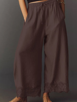 Elastic-Waist Pocketed Drawstring Wide Leg Pants in Burnt Coral with drawstring