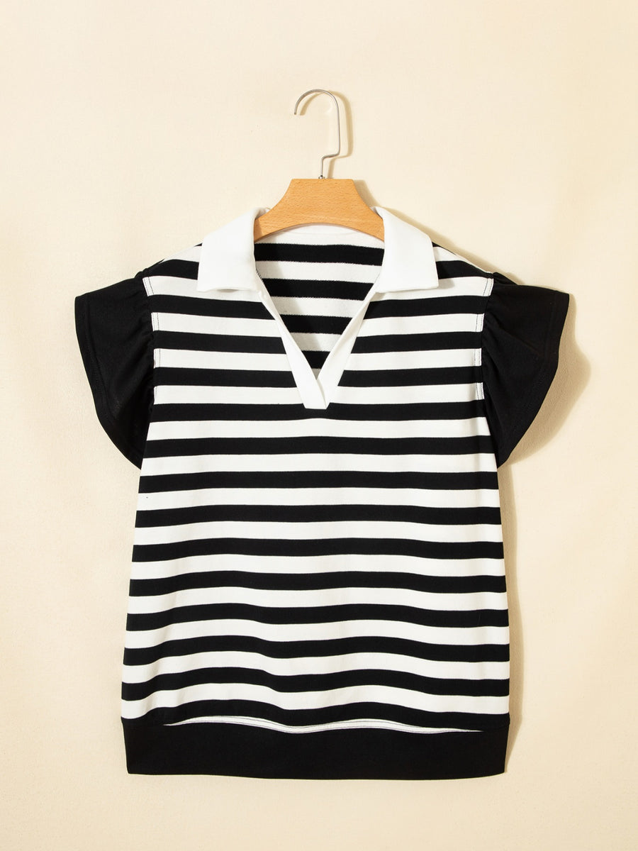 Black and white striped cotton blouse with ruffled sleeves and a white collar.