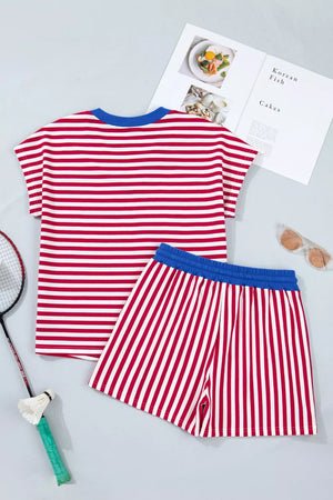 Red and white striped cotton V-neck lounge set with blue trim and drawstring shorts.