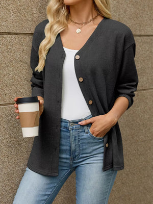 cardigan in charcoal featuring waffle-knit and relaxed fit