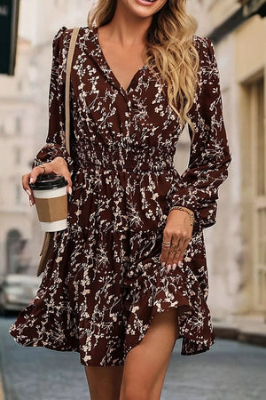 Ditsy Floral Print Split Neck Mini Dress in Coffee Brown
