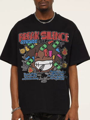 Black cotton blend graphic tee with bold "Break Silence Studios" print and cartoon character.
