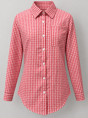 button-down shirt in red with pocketed and tunic-length