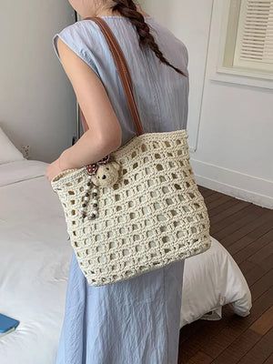 handbag featuring geometric in Cream White with Straw weaving Imported Size & texture