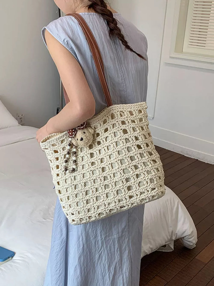 handbag featuring geometric in Cream White with Straw weaving Imported Size & texture
